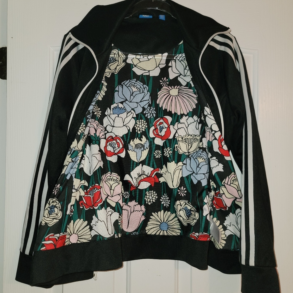 Adidas Rare Farm Rio Black Track Jacket with White Stripes And Floral Lining - Picture 4 of 6